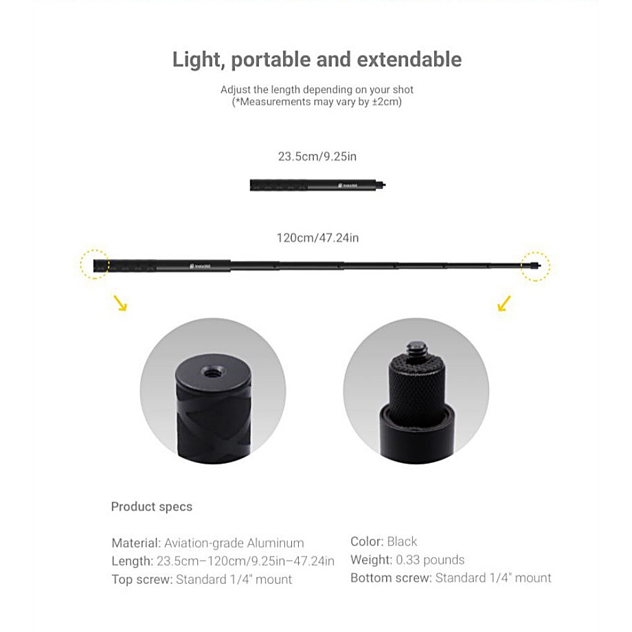 Insta360 1.2m Invisible Selfie Stick for Insta360 GO2 / ONE X2 / ONE R / ONR X 2021
