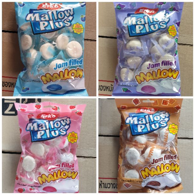 Mallow plus jam filled มาร์ชเมลโลว์ ตราเออโก้ มาร์ชเมลโลว์สอดไส้แยม 100 กรัม มาร์ชเมลโล่วโอวันติน 40