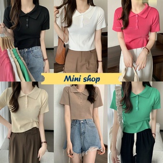 Mini shop🌸พร้อมส่ง🌸 (8293) เสื้อไหมพรมแขนสั้น คอปก แนวมินิมอลน่ารักสไตล์เกาหลีมาก