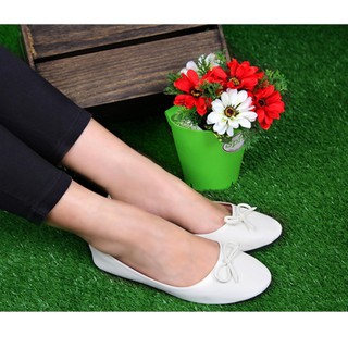 Womens Shoes รองเท้าแฟลตโบว์ (สีขาว)