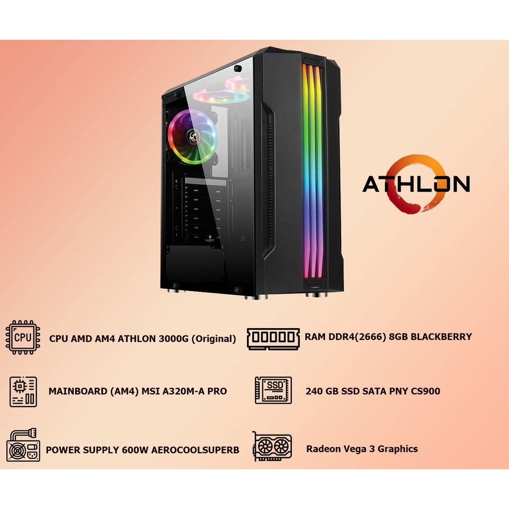 เช็ทเล่นเกมราคาประหยัด ATHLON 3000G / RAM8GB / SSD 240GB / MSI A320M-A PRO / POWER SUPPLY 600W