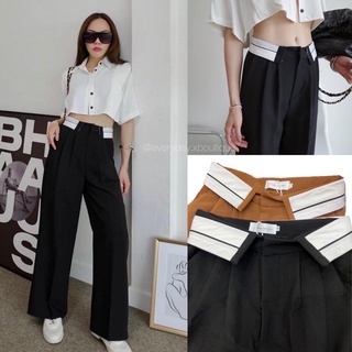 New drops! folded trouser (S,M,L430฿ฟรีส่ง) ปังไม่ไหว rare item กางเกงเอวสูงขายาวทรงกระบอกใหญ่ ขอบเอวพับแถบผ้าตัดสีขาวดำ