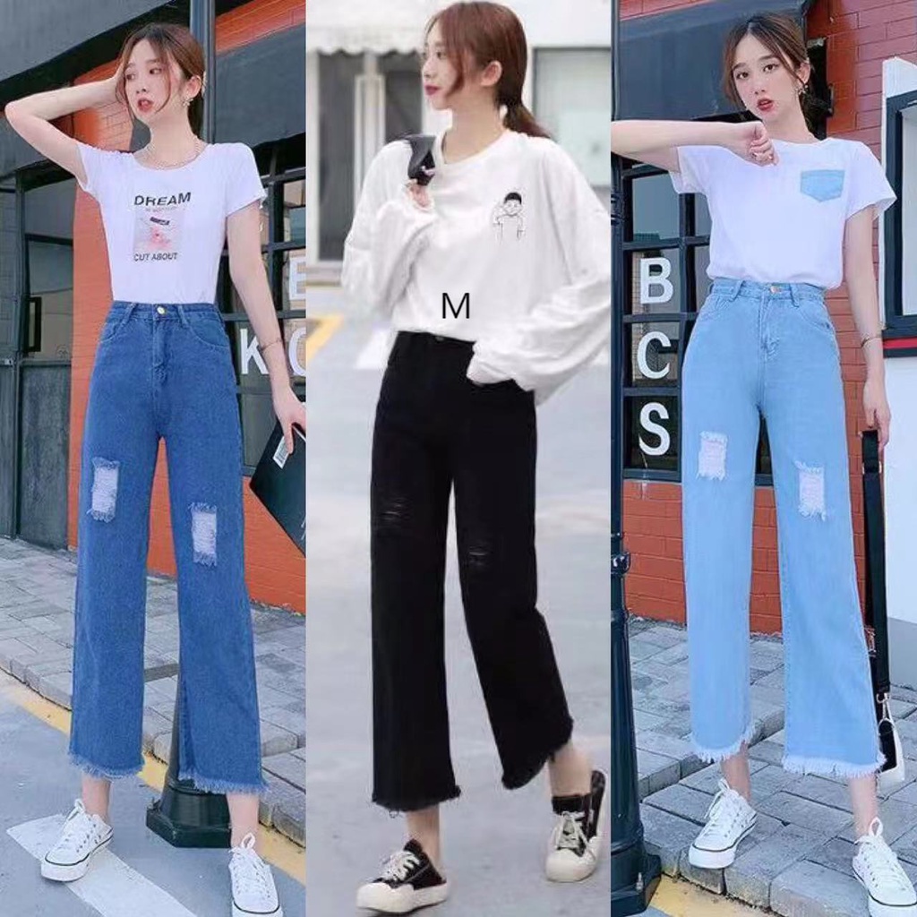 สินค้าขายดีjeans กางเกงยีนส์ทรงกระบอกใหญ่ แต่งขาดเก๋ๆ สุดชิค #7609