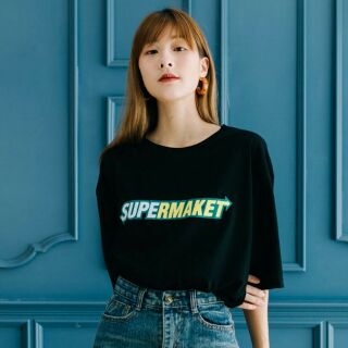 มีโค้ดลด 100! 🔥ฮิตมากในเกาหลี เสื้อ oversize สไตล์เกาหลี ลาย SUPERMARKET