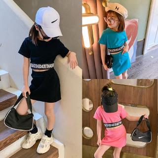 ชุดเสื้อครอป แขนสั้น สีพื้น และกระโปรง สไตล์เกาหลี แฟชั่นฤดูร้อน 2 ชิ้น สำหรับเด็กผู้หญิง 2020