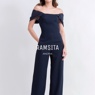 Ramsita Andria Jumpsuit Navy Blue จั๊มสูทปาดไหล่ ขายาว สีกรมท่า รามสิตา