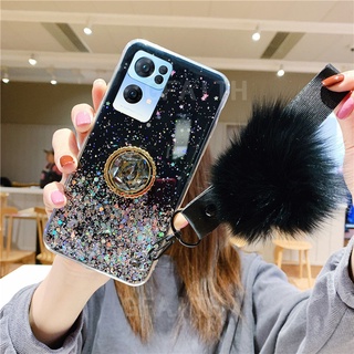 New เคสโทรศัพท์ OPPO Reno7 Pro 5G China Luxury TPU Softcase Bling Clear Star Space Rhinestone Ring Holder Strap Fur Ball เคส Reno7Pro Cover