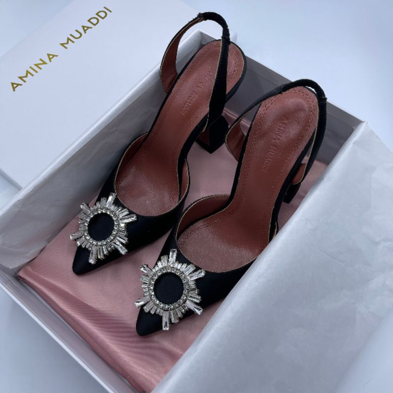 Amina Muaddi SLINGBACK black satin