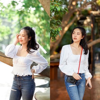 MASS Fashion : เสื้อครอปแขนยาว สีขาว สม็อครอบตัว - Top Elastic Waist White