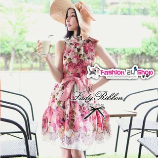 Sale! Lady Rosalyn Ribbon dress เดรสพิมพ์ลายดอกไม้ สีครีม/สีดำ