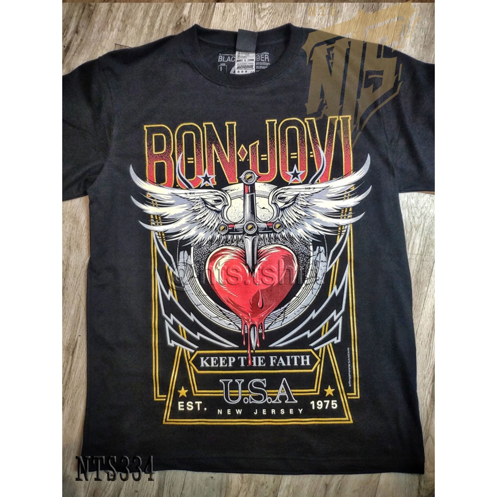 NTS 334 BON JOVI Keep The Faith เสื้อยืด ลายวงดนตรี ซิลค์สกรีน ผ้าคอตตอนหนานุ่ม ไม่หดไม่ย้วย สีดำ S M L XL XXL