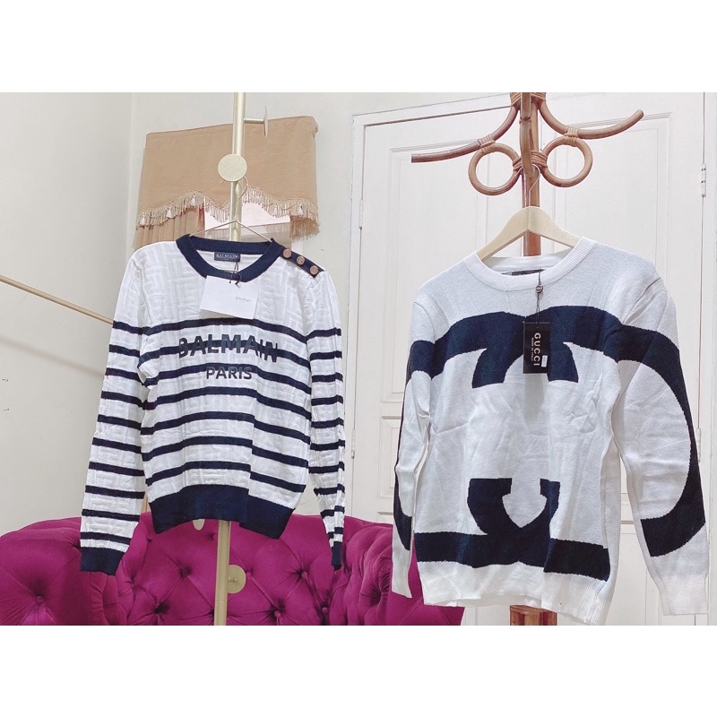 Fuji Knit Sweater IMPORT/Gfs Sydney Sweater IMPORT/ Bayonet Strip Knit ล่าสุดผู้หญิงบอลลูนมือ เสื้อถ