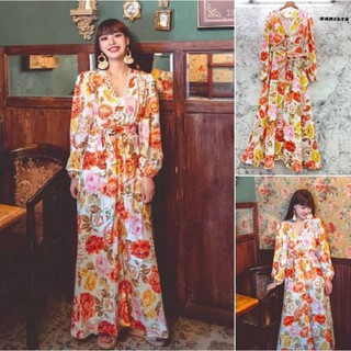 Dress korea style คอวี แต่งกระดุม ด้านหน้า  ผ้าพิมพ์ลาย งานพิมพ์สีสดใสสุดๆ งานโคเรียมากๆ