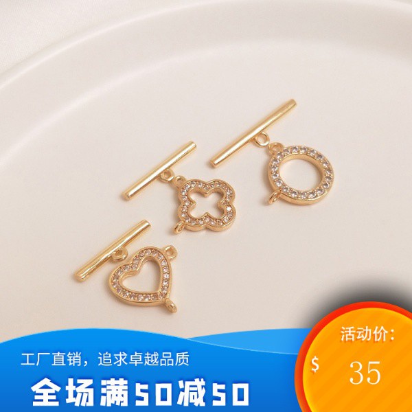 [ร้านผู้ผลิตเครื่องประดับ DIY] [หัวเข็มขัด] 14K ห่อทองสีชุบทองไมโครฝังเพทายโคลเวอร์รักหัวเข็มขัด OTS