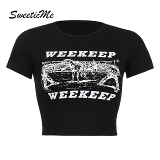 Sweeticme เสื้อยืดแขนสั้น พิมพ์ลายตัวอักษร เข้ารูป สําหรับผู้หญิง