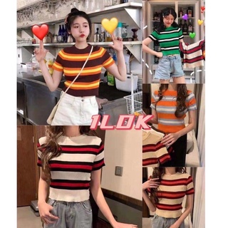 1LDK🌈พร้อมส่ง🌈เสื้อยืดคอกลมแขนสั้นผ้าร่องยืดดีมากลายทางน่ารัก(10013)