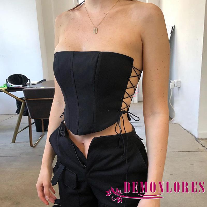 Demq-เสื้อเกาะอกสีทึบแฟชั่นสตรีสายรัดข้างฤดูร้อนทรงสลิมฟิต