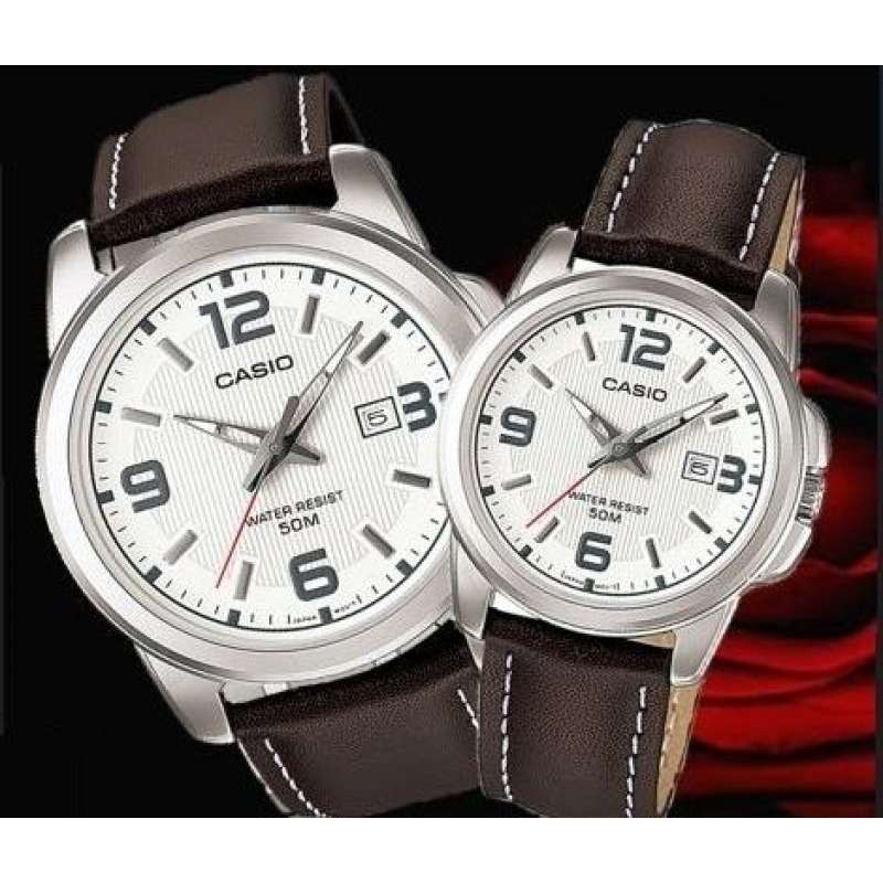 Win Watch Shop Casio Set นาฬิกาคู่รัก รุ่น MTP1314L7A, LTP1314L7A สายหนังแท้สีน้ำตาล หน้าปัดขาว (ประ