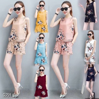 759 เสื้อแขนกุดพิมพ์ลายดอกไม้+กางเกงขาสั้น