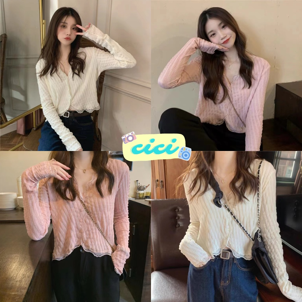 ส่งทันที Cici(NO. 8X43/D59/122)เสื้อแขนยาวไหมพรม คอวีกระดุมหน้า แต่งชายระบายนิดๆ ผ้านุ่มนิ่มใส่สบายสีสวยน่ารักโคเรียสุดๆ