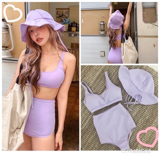 🍬พร้อมส่ง🍬บิกินี ทูพีช 3ชิ้นพร้อมหมวกด้วยคุ้มสุดๆน่ารักงานเกาหลี💜💜💜