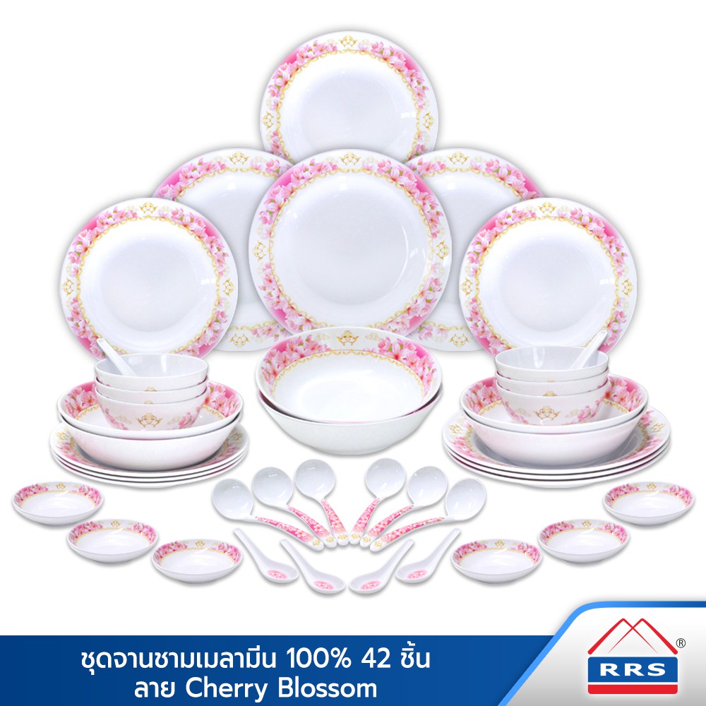 RRS ชุดจาน ชาม เมลามีน 100% 42 ชิ้น ลาย Cherry Blossom ผลิตโดย ศรีไทย ซุปเปอร์แวร์ - เครื่องครัว