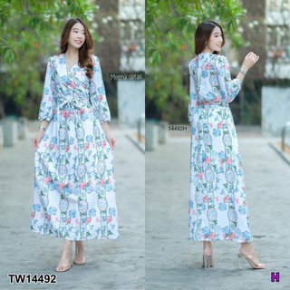 👗Pfashion [ส่งไว!!🚛] P14492 	เดรสยาวอกไขว้ลายดอก