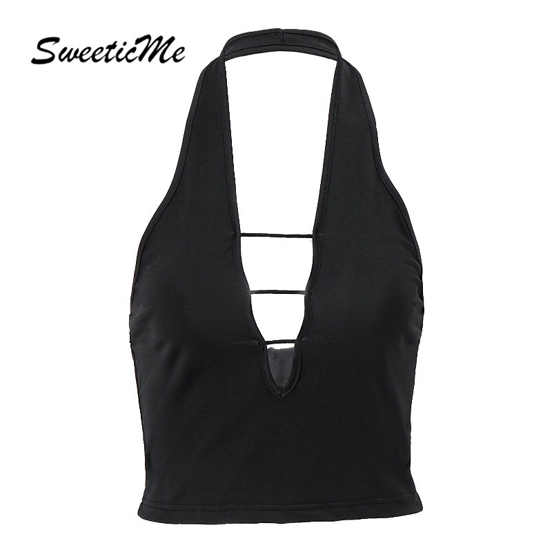SweeticMe เสื้อกั๊กผู้หญิงใหม่สบายๆแฟชั่นเซ็กซี่ Halter สีทึบ Backless Cutout Slim Fit