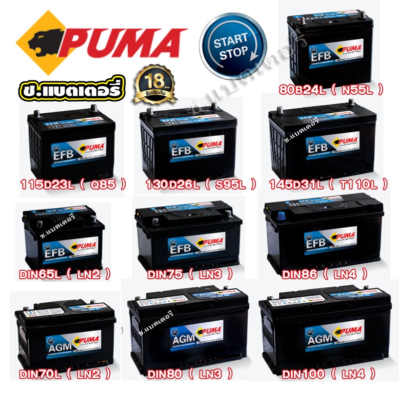 Electronics 2950 บาท แบตเตอรี่ PUMA AGM & EFB Automobiles