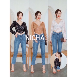 NICHA online 🛒ครอปผ้าลูกไม้  แขนยาว คอวี แต่งเพชรชายเสื้อแต่งทรงสามเหลี่ยม ใส่แล้วดูสวยแซ่บไฮโซมากค่ะ