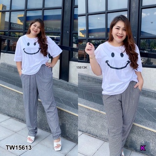 TW15613 Set 2 ชิ้น #Bigsize เสื้อยืดแขนสั้นคอกลม อกสกรีน smile  มาพร้อมกางเกงเอวยืดขายาวผ้าเรย่อนลายริ้ว ใส่สวย