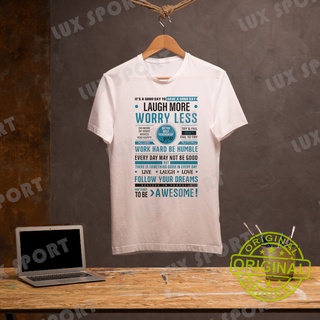 เสื้อยืดคอกลมสีขาวพิมพ์ลาย LAUGH MORE WORRY LESS เนื้อผ้าTC แบบบาง ใส่สบายรับหน้าร้อน