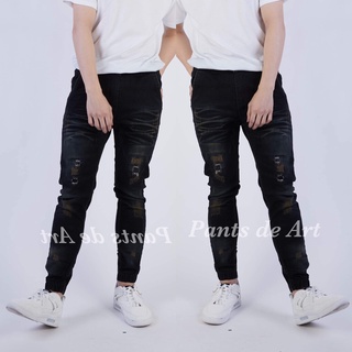 JOGGER JEANS DarkNight ขาจั้มยีนส์ เอวยางมีเชือกเป้าซิป สีดำฟอกสนิม ผ้ายืด Size 28-36