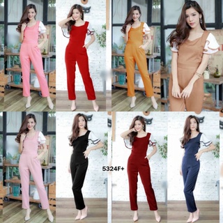 TW5324​Jumpsuit จั้มสูทขายาว แขนแต่งระบายชีฟองสวยเก๋ไม่ซ้ำใคร ตัวจั้มสีพื้นเนื้อผ้าโฟร์เวย์ เอวยืดสม็อคหลัง ทรงขากระบอก