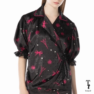 TandT - "BONNE NUIT" Nuit A Paris Printed Pajamas Shirt เสื้อเชิ๊ตผูกข้างเอว แขนพองสั้น เสื้อทรงชุดนอน