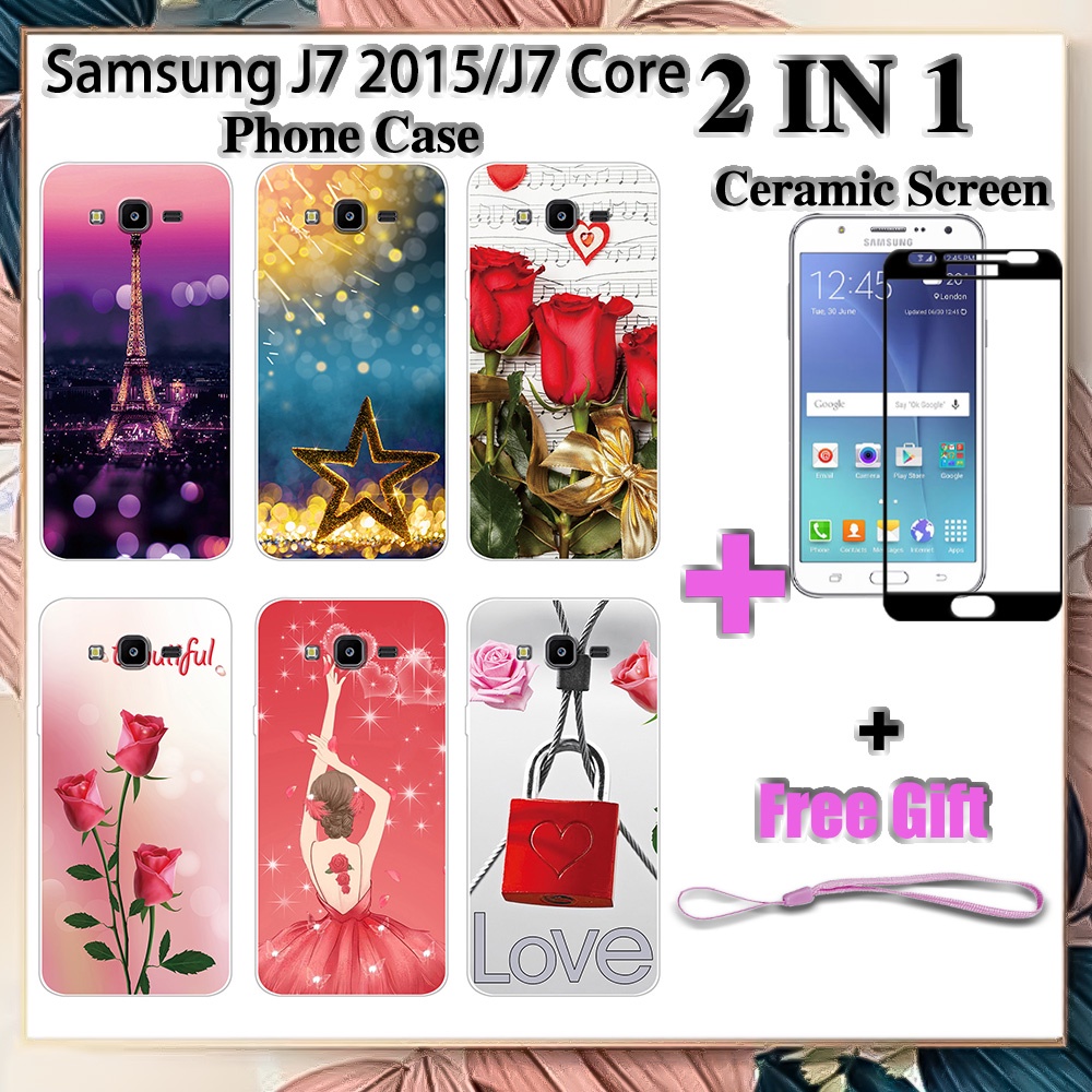 2 IN 1 Samsung J7 2015 J7 Core เคสโทรศัพท์ พร้อมกระจกนิรภัย เซรามิค ป้องกันหน้าจอ โค้ง ฟิล์มนิรภัย โรแมนติก