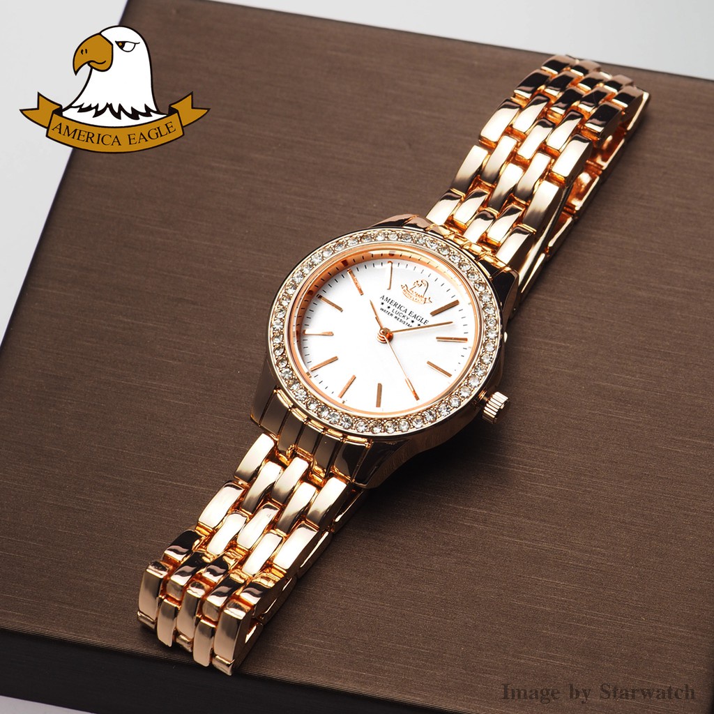 ♣☋AMERICA EAGLE Watch นาฬิกาข้อมือผู้หญิง กันน้ำ สายสแตนเลส รุ่น AE098L - PinkGold/White