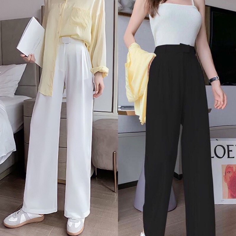 กางเกงขายาวเอวสูง กางเกงทำงาน ผู้หญิง แฟชั่นสไตล์เกาหลี ใส่สบาย  สีขาว สีดำ 💕พร้อมส่ง1-3วันงับ💕