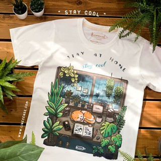 #8 Stay at home " stay cool " t-shirt เสื้อยืด ลายแมวกับต้นไม้