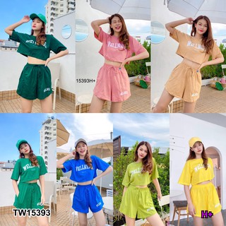 PP15393 Set 2 ชิ้น เสื้อ Crop แขนสั้นสกรีนภาษาอังกฤษ + กางเกงขาสั้น