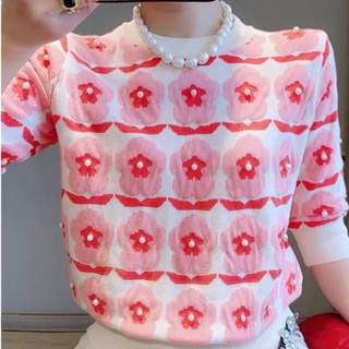 เสื้อยืดผ้าไหมพรมลายดอกไม้