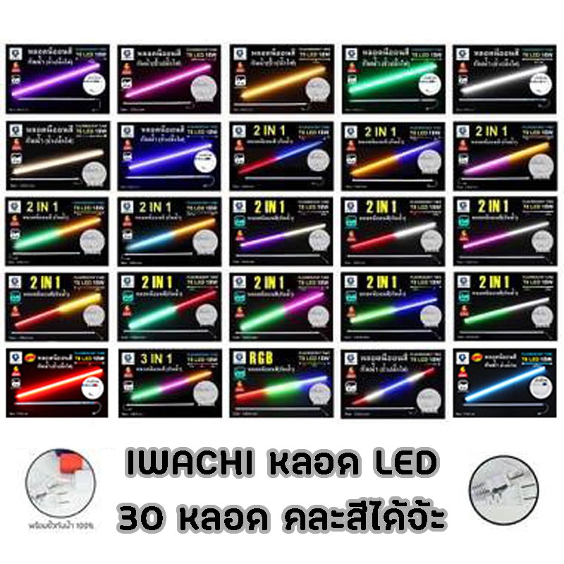 IWACHI หลอดไฟ LED นีออนสี ขั้วกันน้ำ [เซ็ต30หลอด] คละสีได้ค่ะ ไฟงานวัด หลอดสี ไฟพัด ไฟตกแต่ง