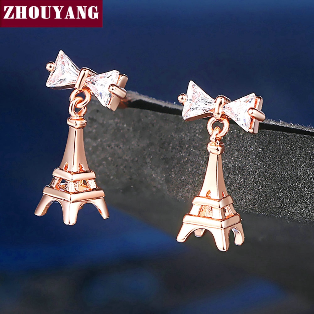 ZHOUYANG Drop ต่างหูสำหรับผู้หญิงหอไอเฟลรูปร่างที่ไม่ซ้ำกุทัณฑ์คริสตัล Rose Gold สีเงินของขวัญแฟชั่น DZE003 เครื่องประดับ