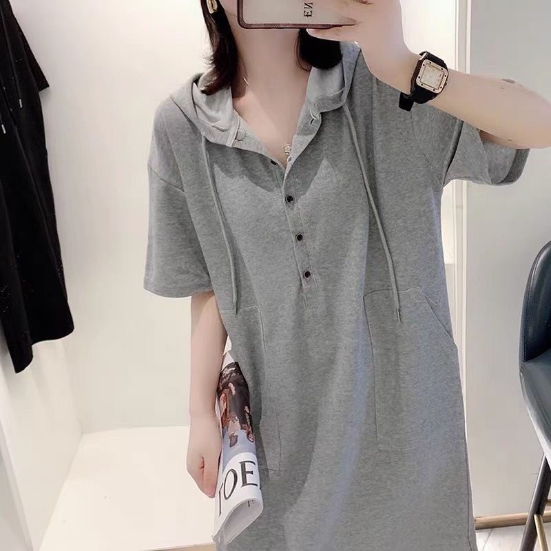 ℗☎ พร้อมส่ง ชุดคลุมท้องมีฮู้ด เดรสพลัสไซส์ A-line แฟชั่น เสื้อยืด ชุดคลุมท้องแขนสั้น