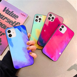 New Gradient Watercolor สีรุ้ง เคส กระจกนิรภัย SAMSUNG Galaxy A02 M02 A2 A01 M01 Core A02s M02s A01 A9 A8 A8+ A5 A6+ A7 2018 A9s A750 A730 แข็ง Phone Case Casing Cases Cover กันกระแทก ไล่ระดับสีน้ำ