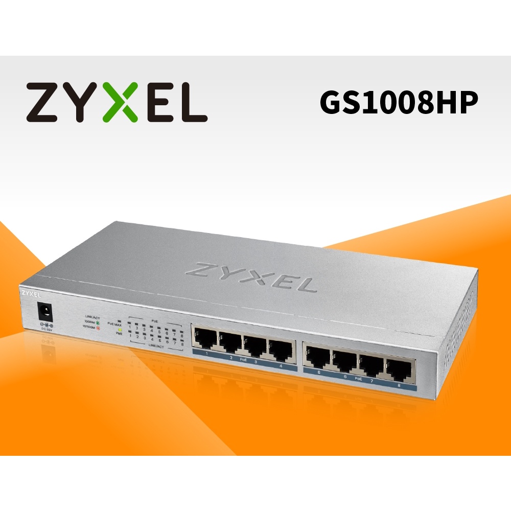 ZyXEL (GS1008HP) 8 Port POE (10'') Gigabit Switching Hub 10/100/1000 Mbps