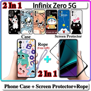 2 IN 1 เคส Infinix Zero 5G พร้อมกระจกนิรภัยกันรอยหน้าจอโค้ง เซรามิค ลายแมวและโดราเอมอน