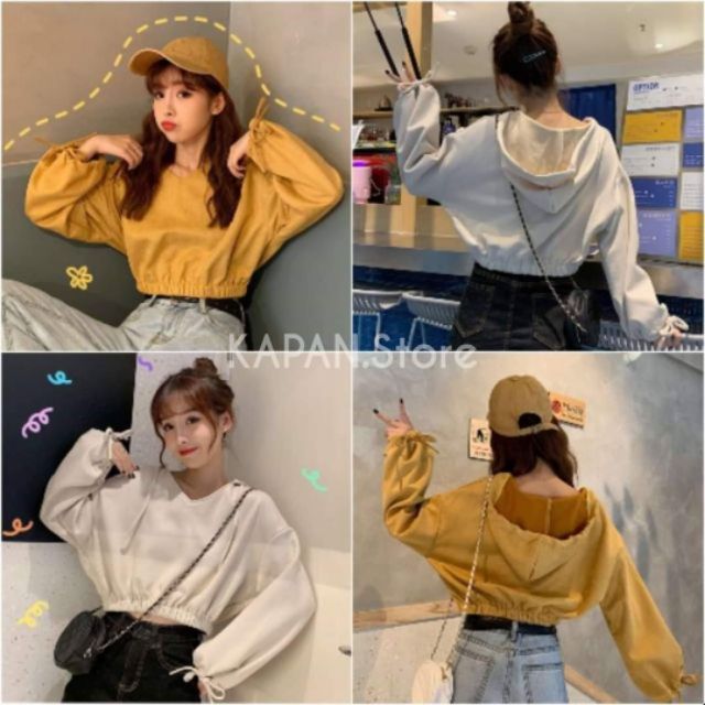 KAPAN 🌸พร้อมส่ง🌸 เสื้อฮู้ด ทรงครอป จั๊มเอว แขนยาวผูกโบว์ มี2สี เหลือง,แอปริคอท สุดน่ารัก KP28