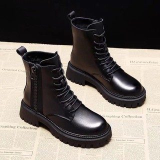 Martin boots รองเท้าผู้หญิงสไตล์อังกฤษ 2021 ใหม่ป่าหนาพื้นรองเท้าบางฤดูใบไม้ร่วงและฤดูหนาวบวกกำมะหยี่รองเท้าสั้น ins tid