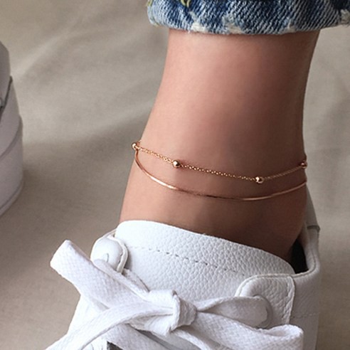 สินค้าเกาหลี Silver Fox Ball & Snake Silver Anklet กําไลข้อเท้าพิงค์โกลด์